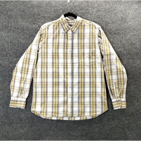 Red Camel Shirt Men's L Cotton Button Down Collar Long Sleeve Yellow Grey Plaid - Picture 2 of 12